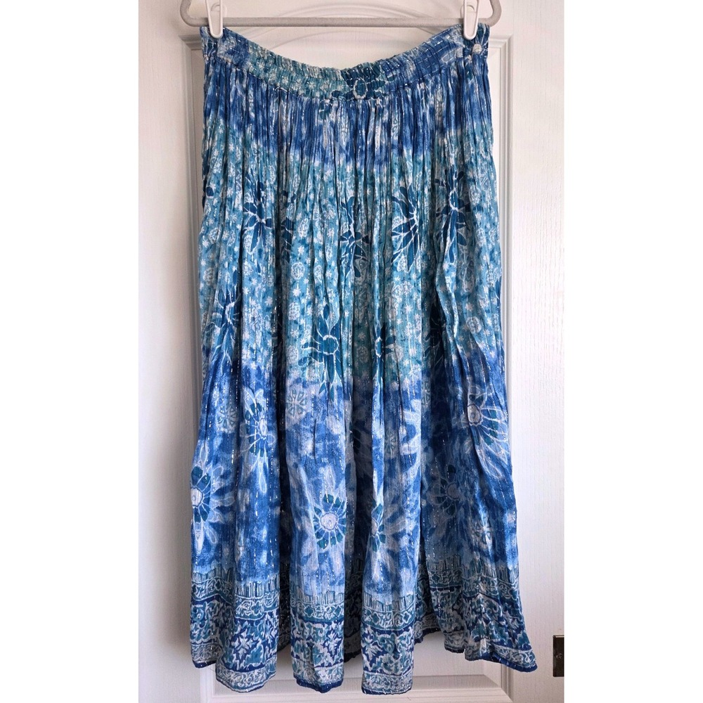 VTG Bila Blue Floral Crinkle Cotton Metallic Maxi Broom Skirt Sz L Y2K Boho
